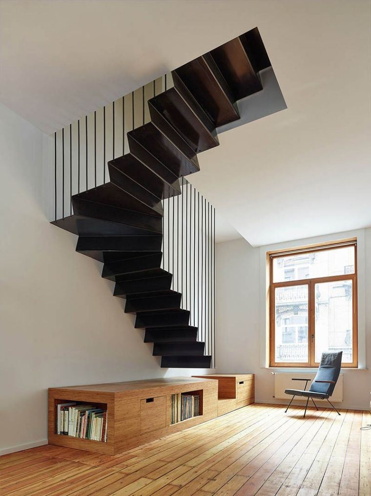 escalier noir en-metal-interieur-design-suspendu-deco-bois-brunet