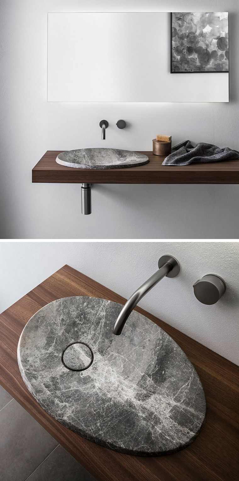 lavabo salle de bain moderne pierre plan bois miroir