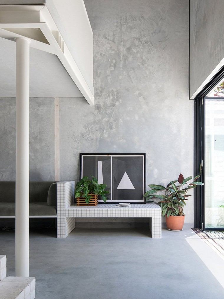 maison en béton idée intérieur contemporain salon banc plante pot