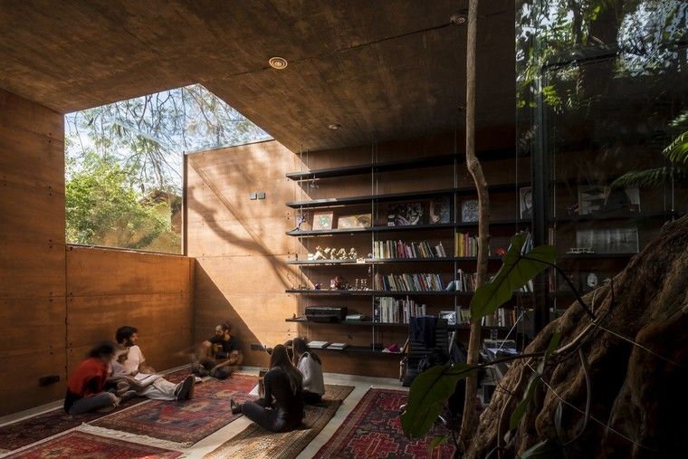 puit de lumière idée bibliothèque bois intérieur tapis