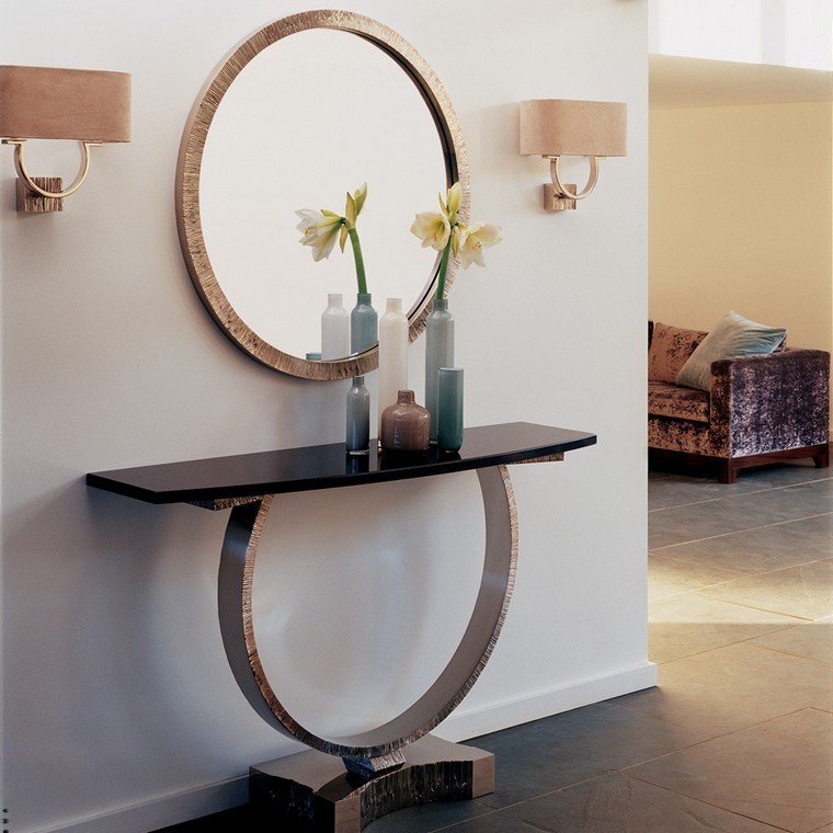 miroir entrée rond idée aménagement vestibule table déco vase