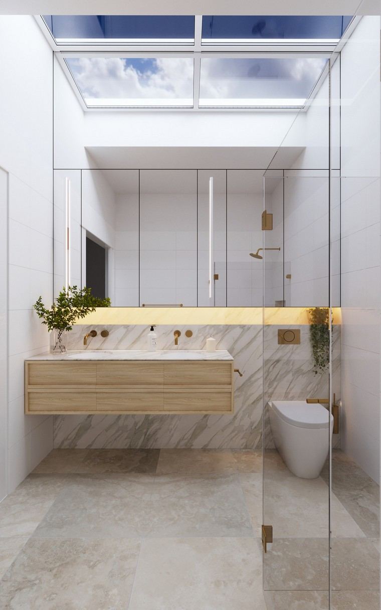 salle de bain marbre design évier toilettes puits de lumière