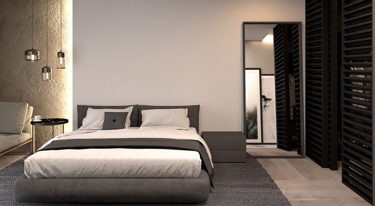 intérieur moderne chambre à coucher gris beige design idée luminaire