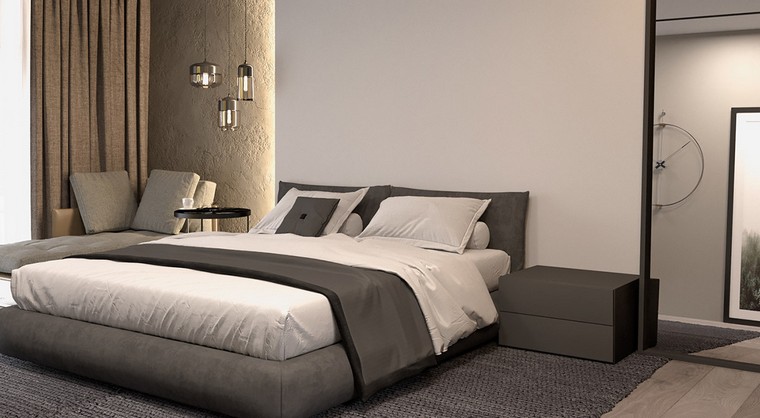chambre à coucher design intérieur moderne gris éclairage idée tapis sol