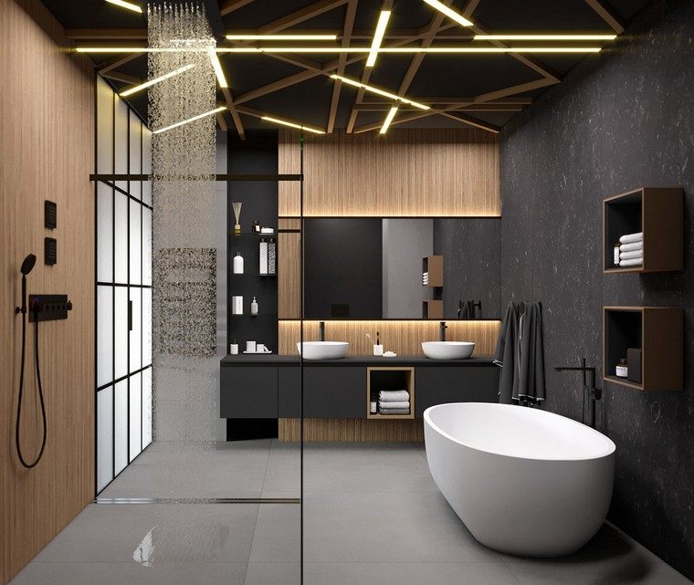 intérieur moderne design salle de bain baignoire bois douche cabine éclairage plafond