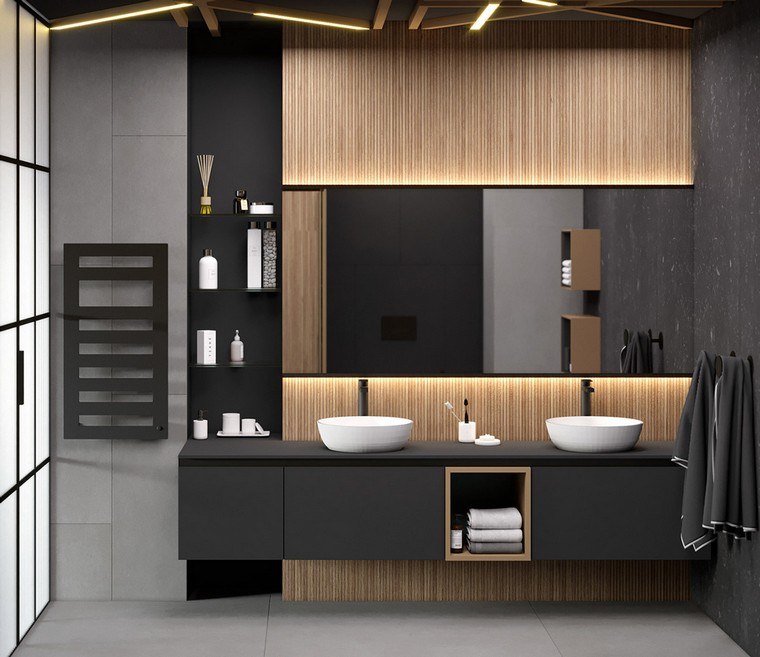 intérieur moderne salle de bain gris bois éclairage moderne vasque