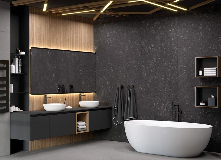 baignoire design idée vasque éclairage mur gris