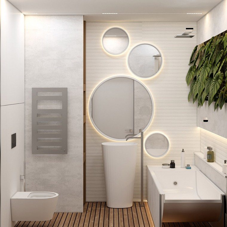 salle de bain design jardin vertical mur idée tendance sol bois miroir rond