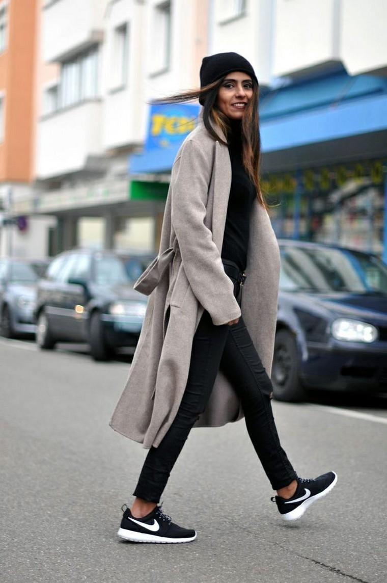mode femme automne veste longue pantalon noir bonnet