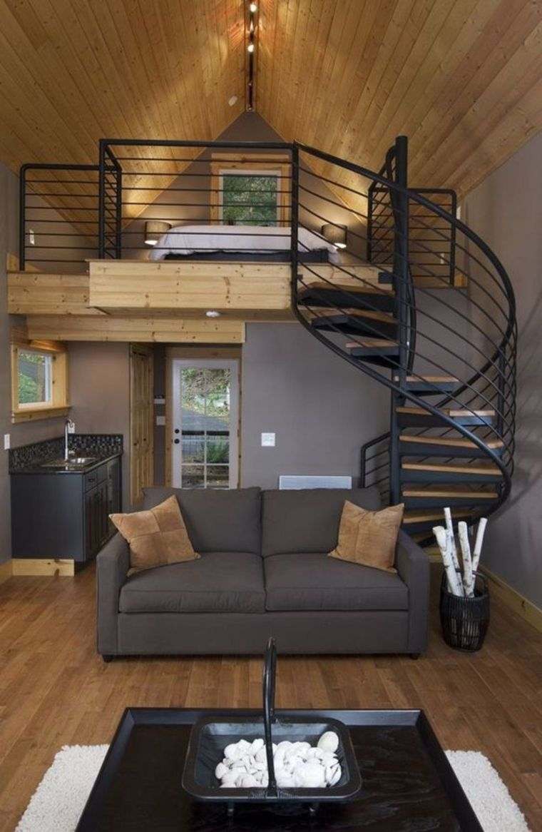escalier colimaçon metal-noir-mezzanine-bois-deco