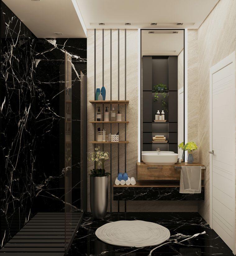 salle de bain en noir et blanc marbre