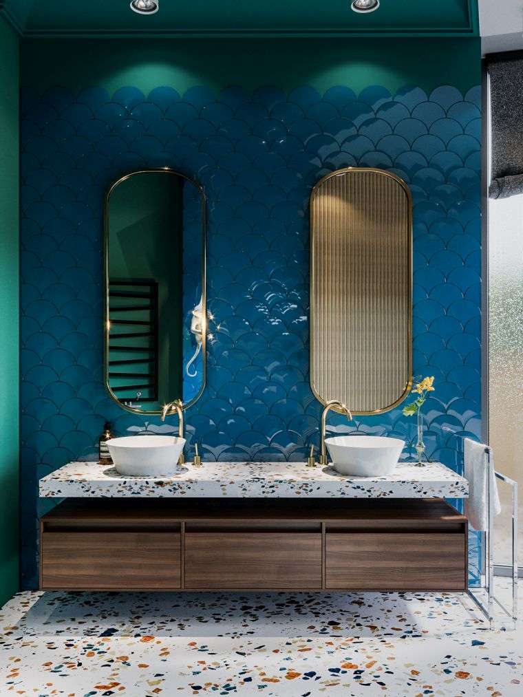 carrelage bleu et salle de bain en couleur foncee