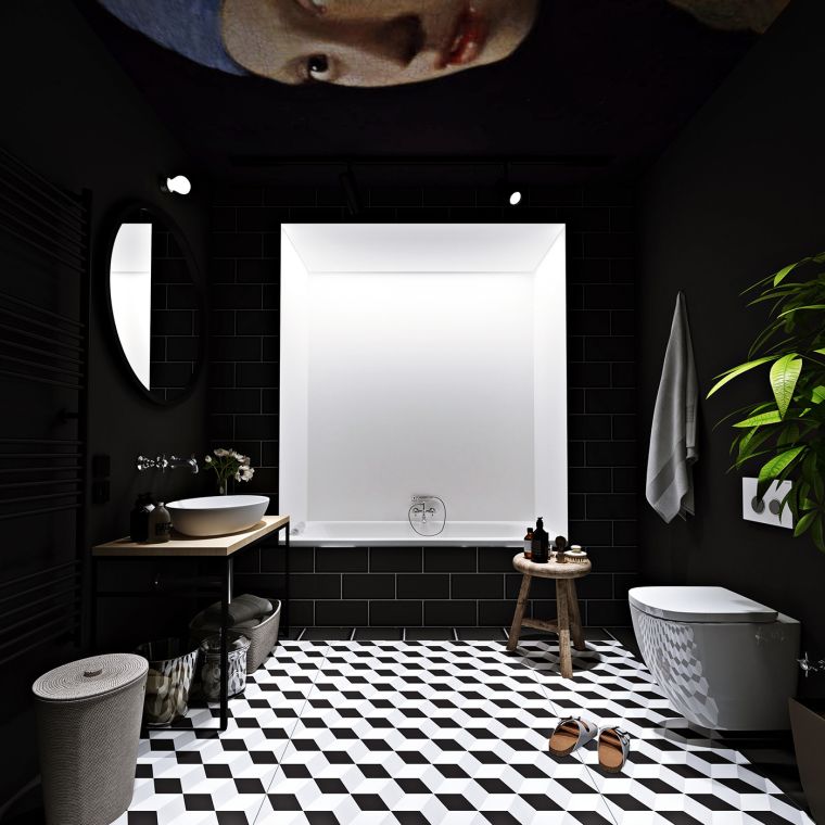 carrelage de salle de bain en noir et blanc