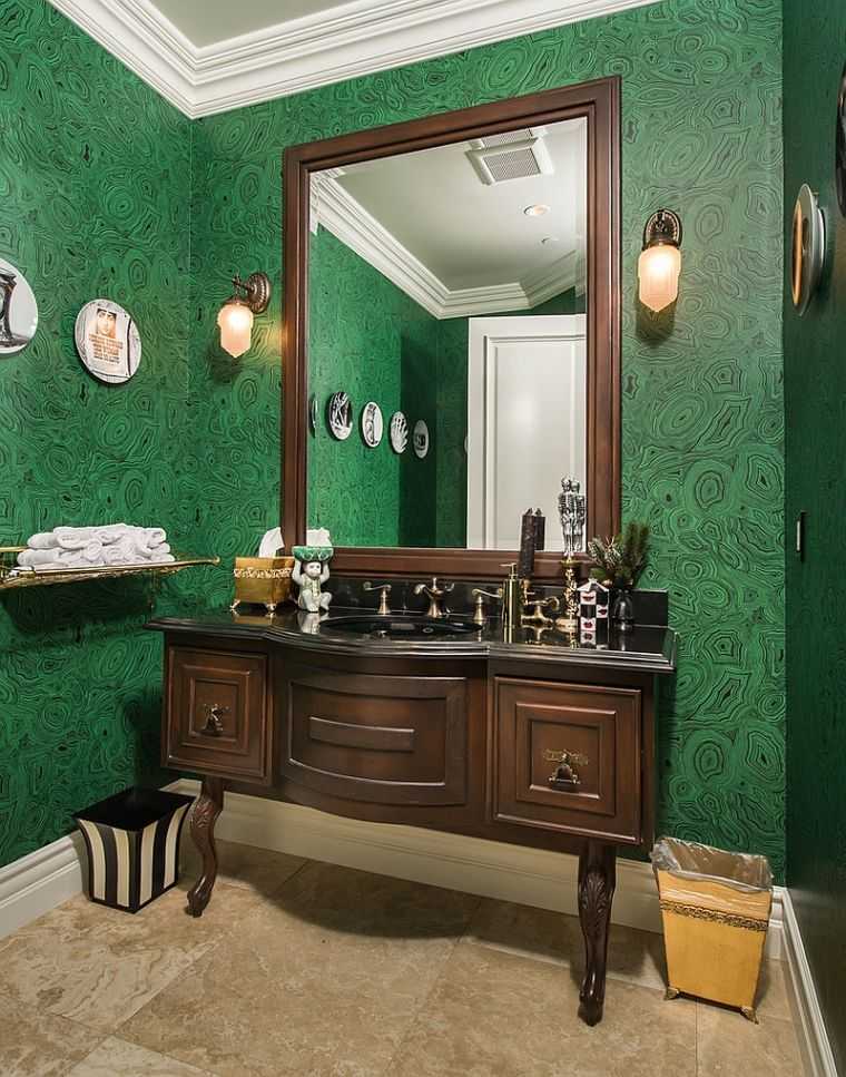 papier peint salle de bain marbre vert idee