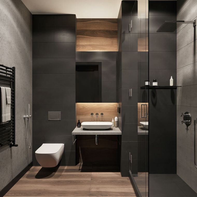 petite salle de bain design en couleur foncee