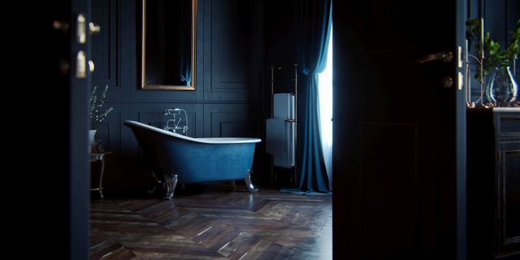 sallede bain en bleu fonce et deco luxe
