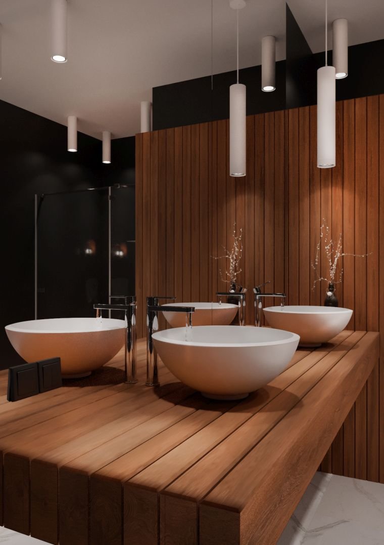 salle de bain avec parement en bois pour mur