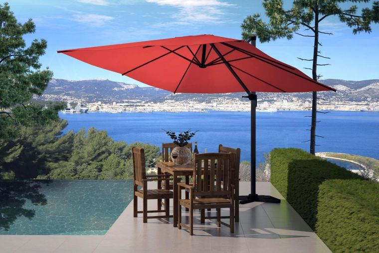 parasol terrasse rouge meubles salon de jardin bois