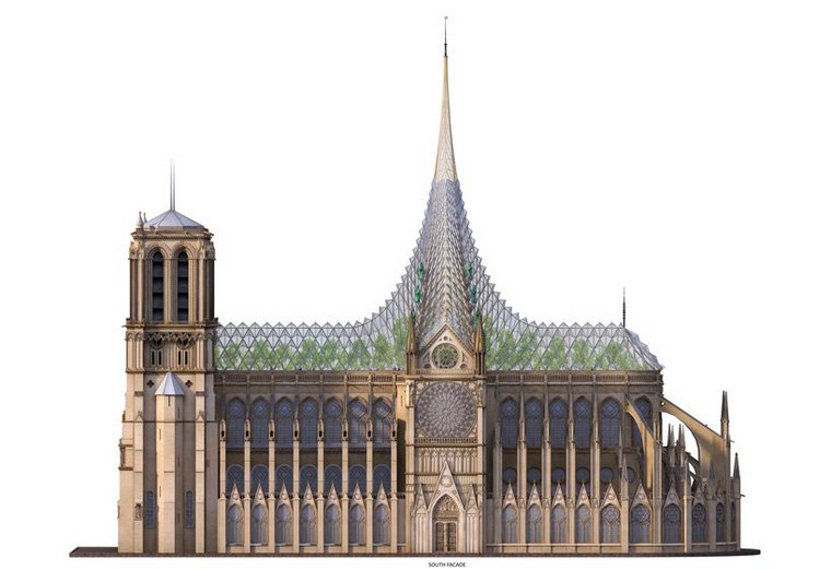 Vincent Callebaut cathedrale Notre-Dame dais verre unissant toit nef flèche