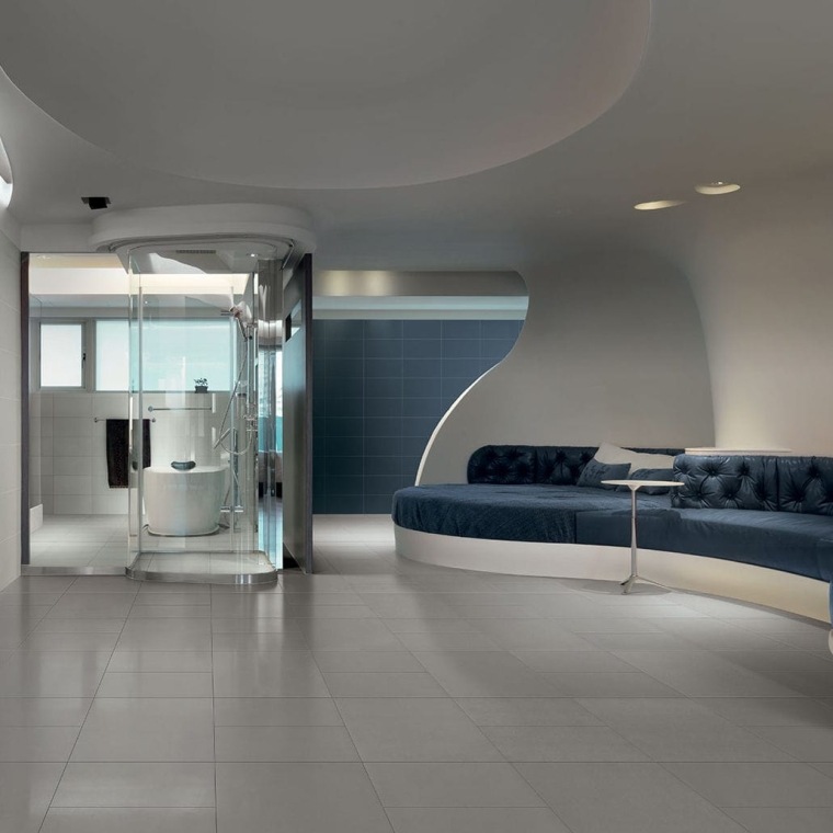 salon design futuriste avec du carrelage gris