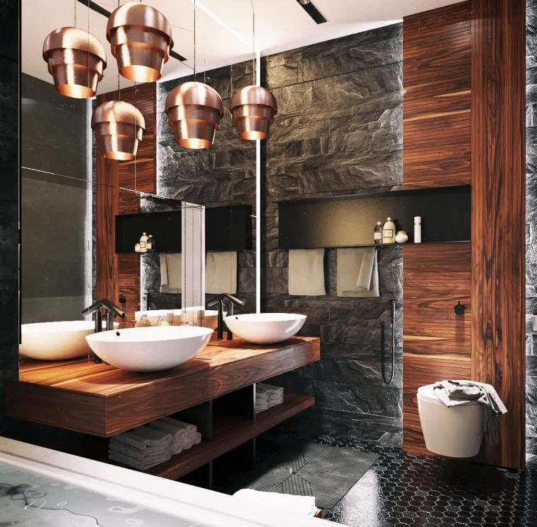 salle de bain avec mur d'accent en pierre