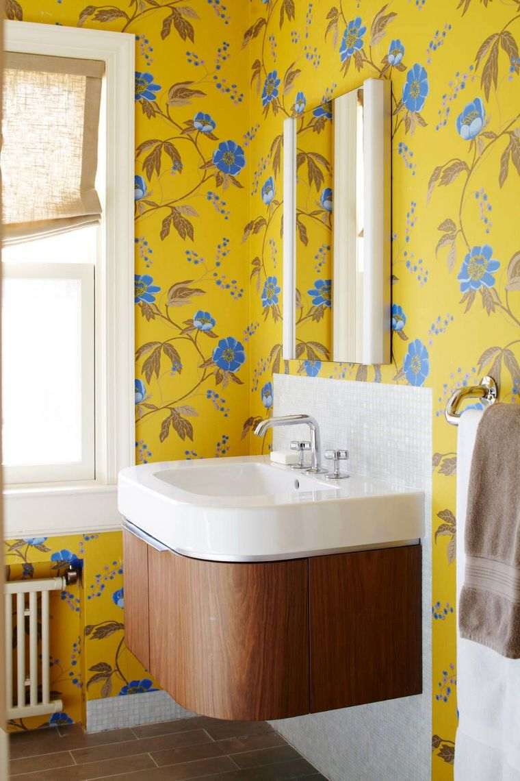 salle d eau papier peint jaune