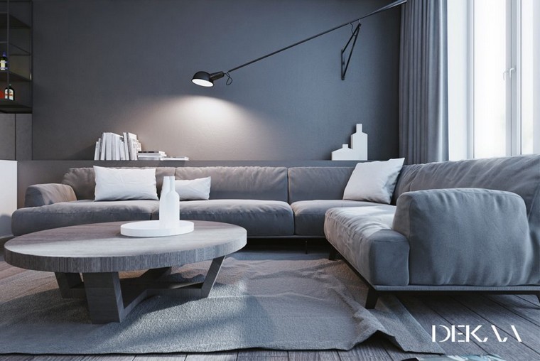 salon moderne avec canapé d'angle en bleu design