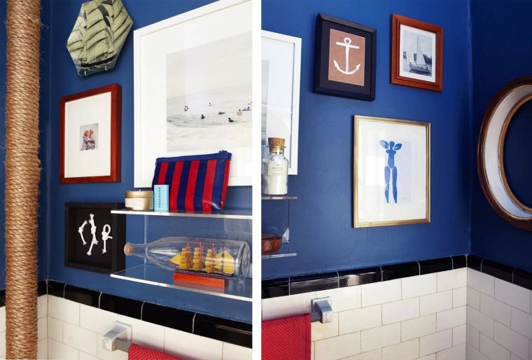salle de bain avec murs en bleu 