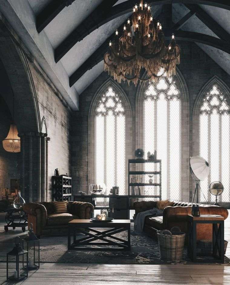 salon de style gothique avec fenêtres à lancette 