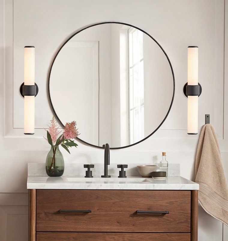salle bain meuble bois miroir rond