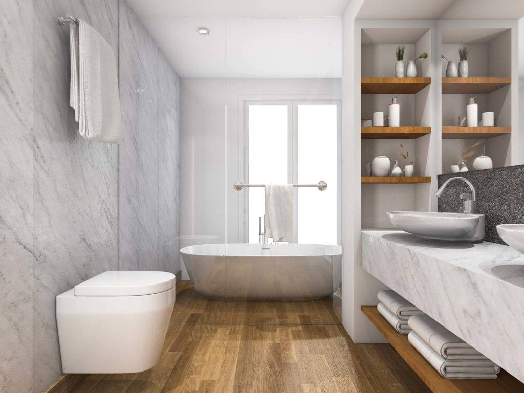 baignoire marbre pour salle de bain avec sol en bois