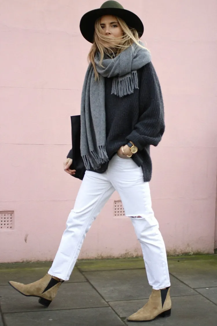 comment porter le jean blanc en hiver avec gris
