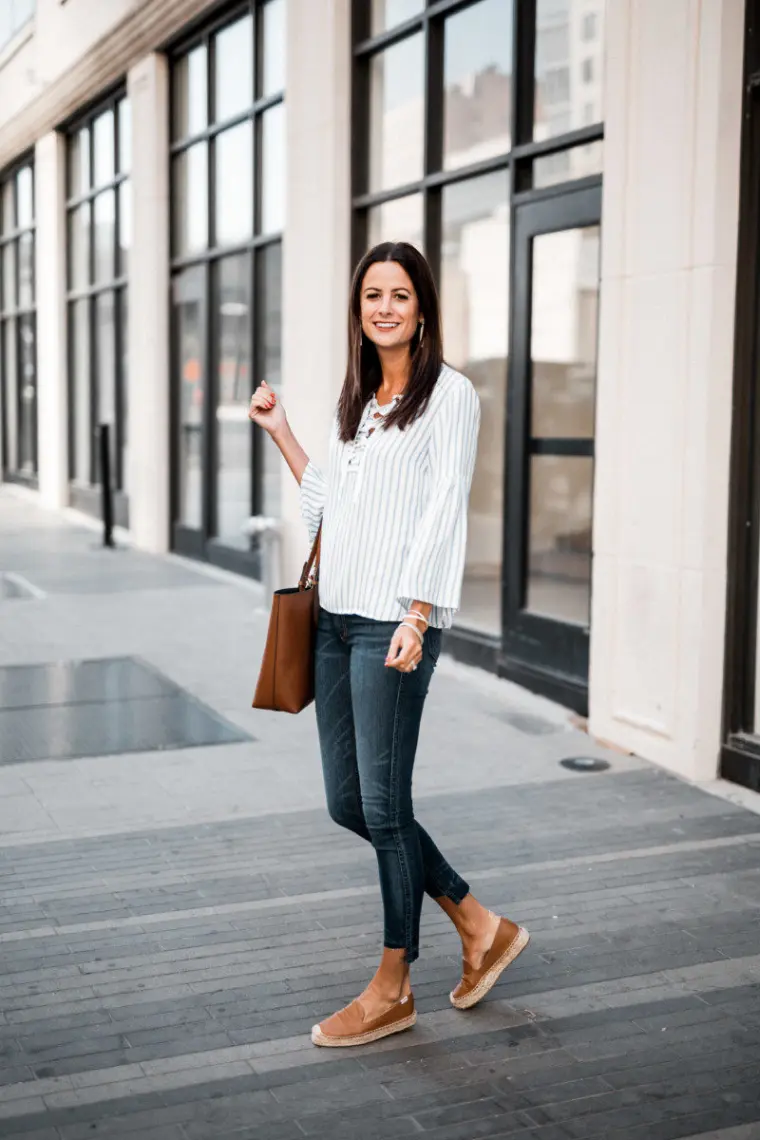 tenue femme tendance chemisier jeans slim espadrilles