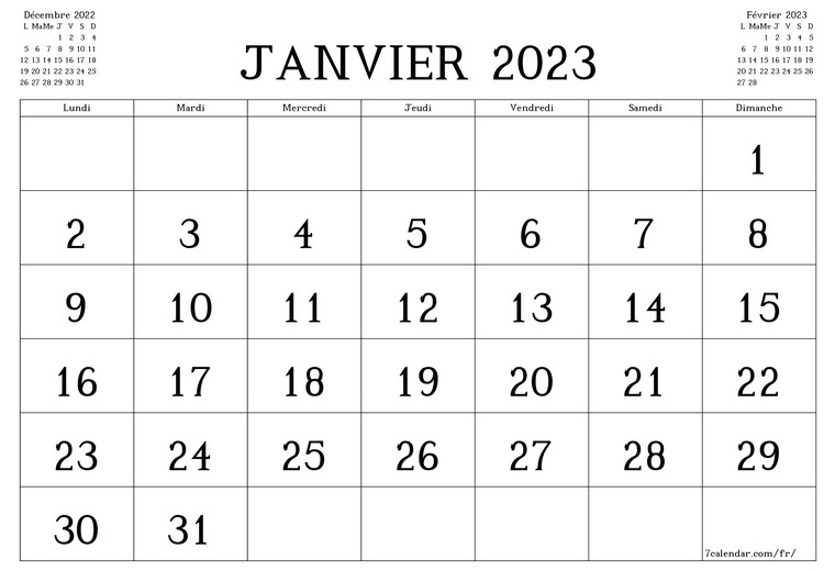 calendrier 1 janvier 2023