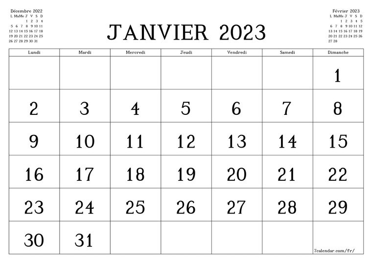 calendrier 1 janvier 2023