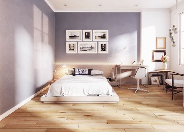 Chambre à coucher contemporaine mur gris sol bois