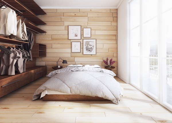 Chambre à coucher contemporaine mur sol bois
