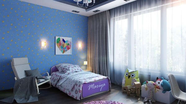 Chambre en couleur avec un lit violet