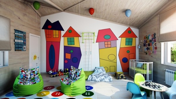 Chambre en couleur avec des maisons