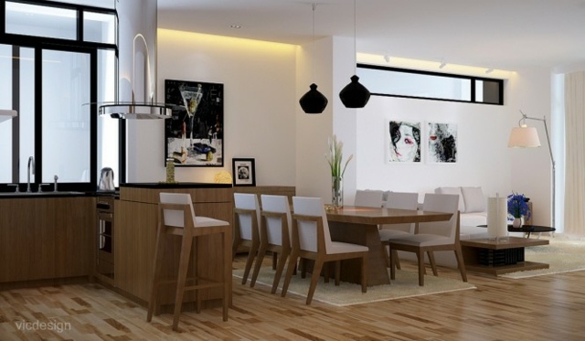 Cuisine et salon chene clair design Nguyen
