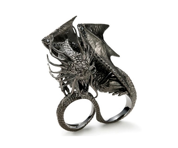Jabberwocky dragon fait or noir incruste diamant