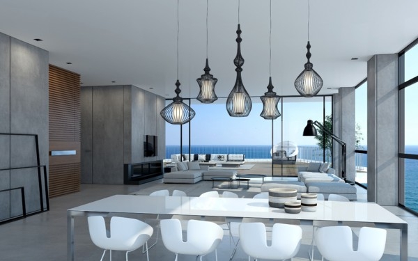 Luminaires suspendus table chaises blanches
