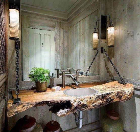 Salle de bain rustique éléments indsutriels bois rugueux