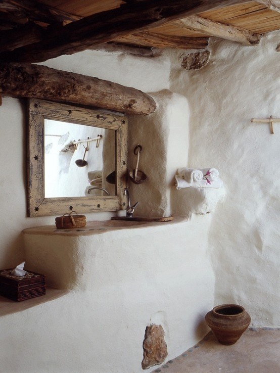 Salle de bain rustique bois pierre mortier