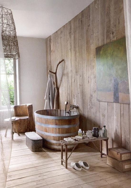 Salle de bain rustique meubles bois parquet