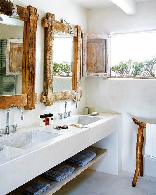 Salle de bain rustique revetement murs mortier