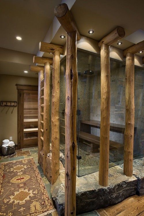 Salle de bain rustique transparance bois pierre