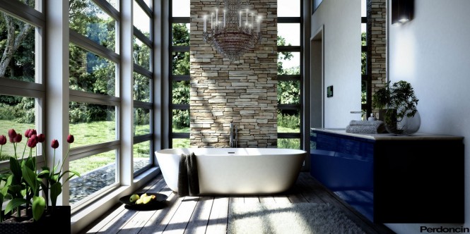 Salle de bain zen murs transparents