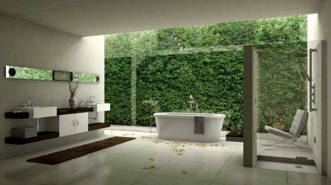 Salle de bain zen vue jardin