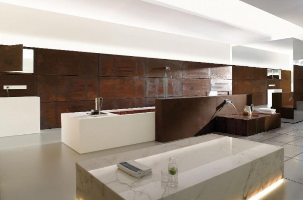 accessoires salle de bain contemporaine marbre bois